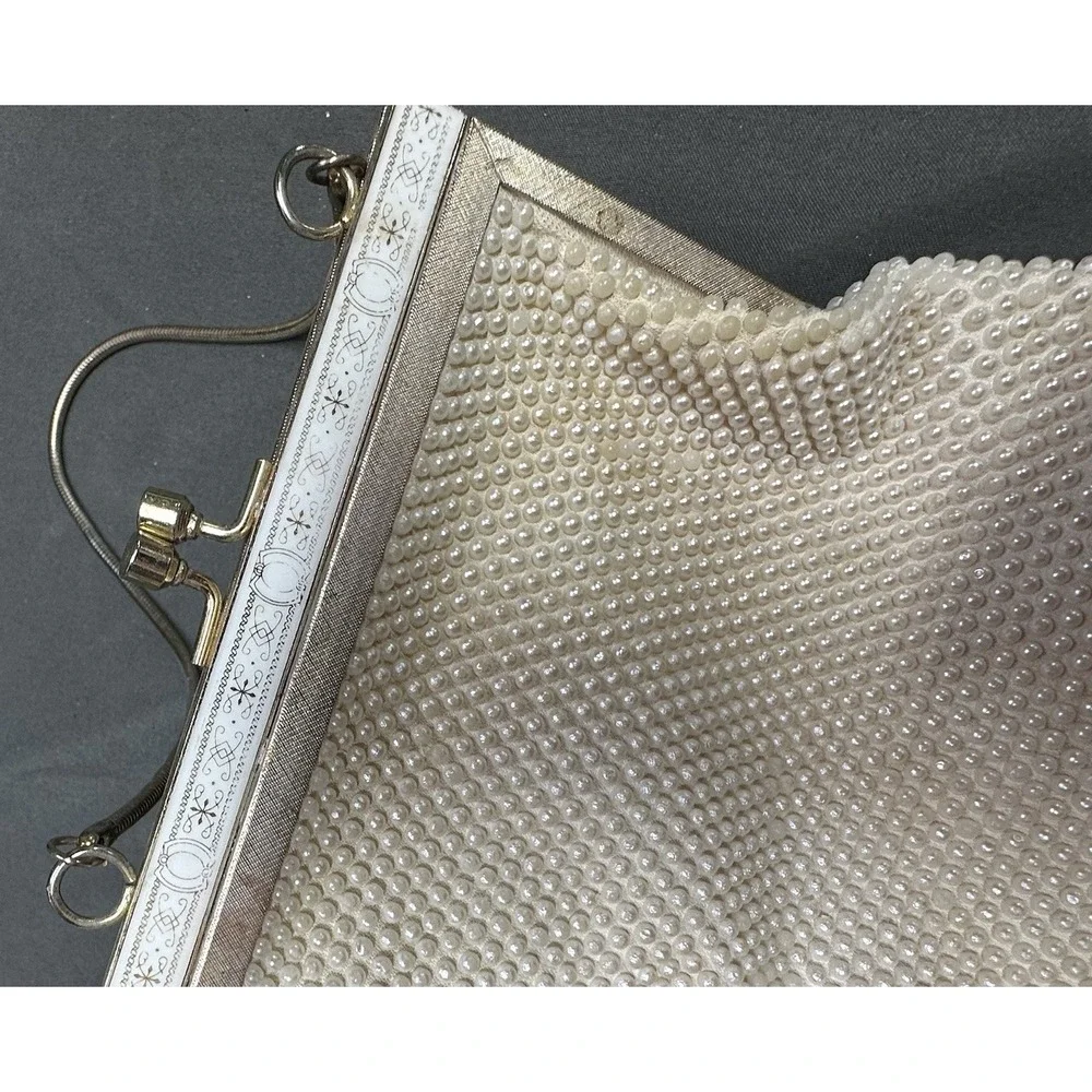 Vintage Hand Made in Hong Kong Mid Century Beaded Purse Ivory Clutch 1950s 1960s